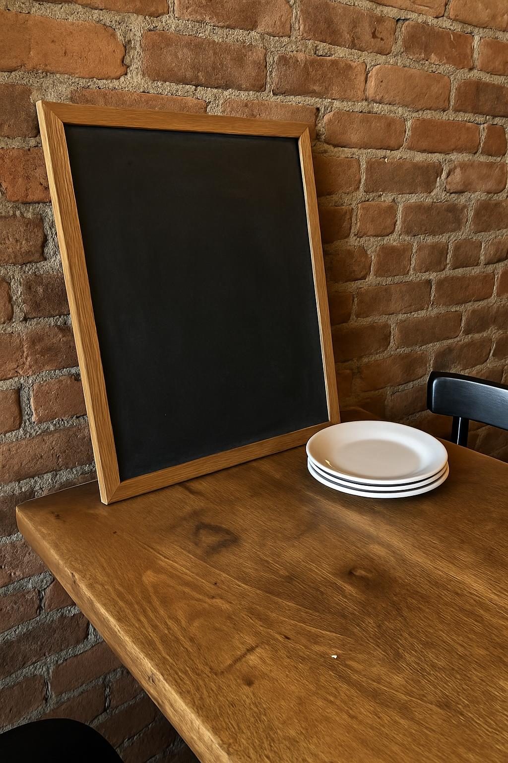 An empty chalkboard propped against a brick wall beside a stack of plain white plates on a worn wooden table