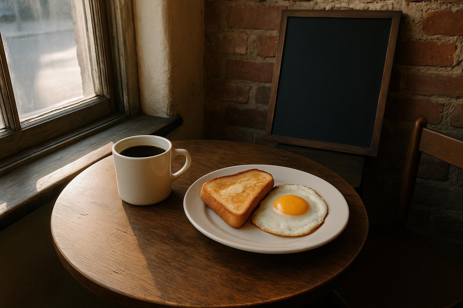 A mug of coffee and a plate of buttered toast on a worn wooden table, morning light coming through a window behind, an empty chalkboard leaning against the wall