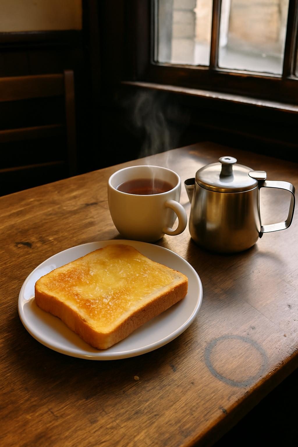 A slice of buttered toast and a mug of tea on a worn wooden table, steam rising, morning light through a window behind